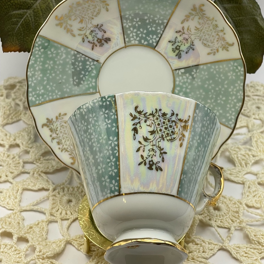 Enesco Vintage Tea Cup & Saucer , Green Hand Painted Made In Japan